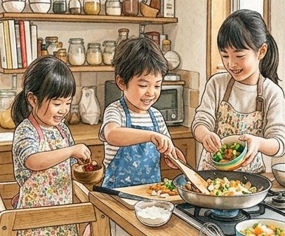 みんなで楽しく食育昼食づくりや調理・生活自立に取り組む様子